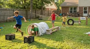Affordable household items used to build a creative backyard obstacle course for boys on a sunny afternoon