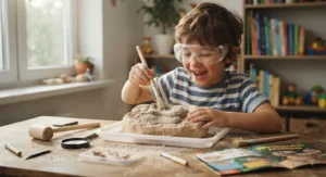 An enthusiastic child wearing safety goggles while working on a dinosaur fossil dig kit at a home workstation.