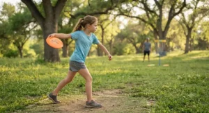 A young girl practicing her backhand throw with a lightweight disc golf set for kids.
