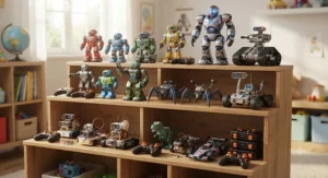 A variety of different remote control robot toy models arranged on a display shelf.