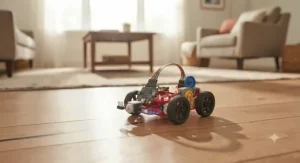 A finished motorized robot toy navigating across a hard flooring surface after being built without soldering.