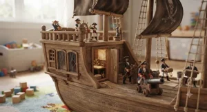 Close-up view of the deck and captain's quarters on a popular pirate ship playset for boys.