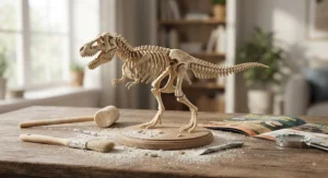 A finished dinosaur skeleton model assembled after being excavated from a dinosaur fossil dig kit for kids.