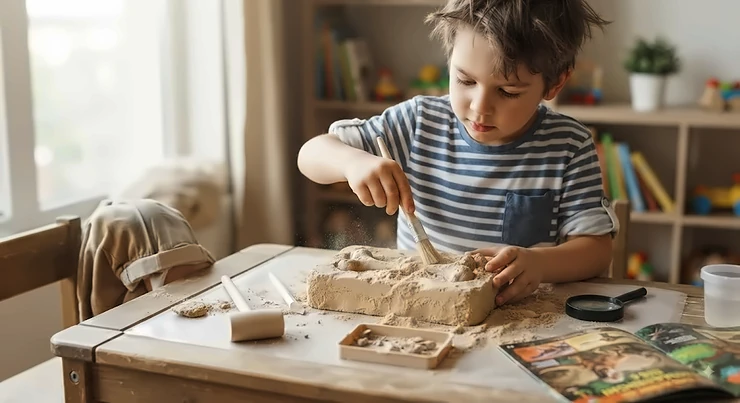 A child using tools from a dinosaur fossil dig kit to carefully excavate a bone replica from a block of sand.