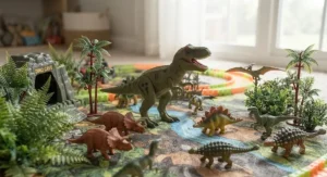 Detailed dinosaur world playset for boys including miniature dinosaur figures and trees