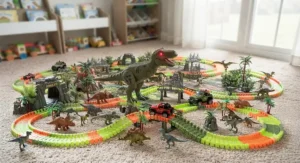 Dinosaur world playset for boys showcasing a racing track and toy dinosaurs