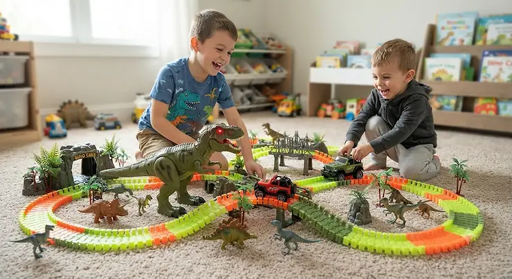 Boys playing with a dinosaur world playset featuring a T-Rex and flexible race tracks