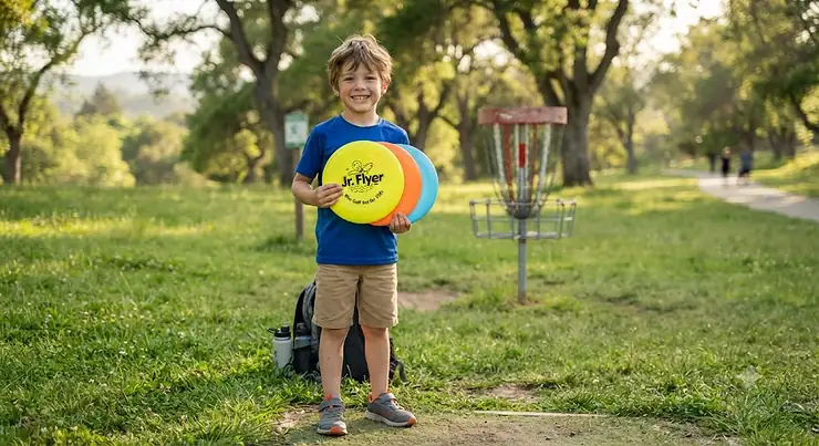 A young boy smiling while holding a colorful disc golf set for kids outdoors in a park.