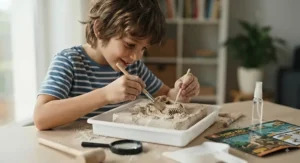 A close-up of a child discovering a T-Rex skull replica while using a dinosaur fossil dig kit for kids as a stem science project.