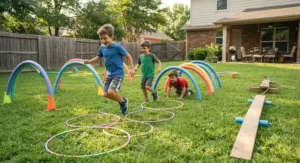 Kids having fun running through an easy DIY backyard obstacle course made with pool noodles and hula hoops
