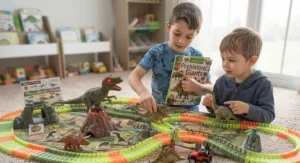 Educational dinosaur world playset helping boys learn about prehistoric creatures