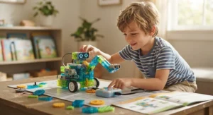 A child learning to code with an interactive STEM robot building kit designed for young boys.