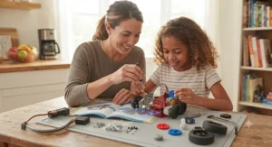 A parent and child collaborating together to build a no-soldering robot kit on the kitchen table.