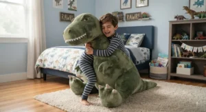 A young boy happily hugging a giant dinosaur stuffed animal, a popular gift for dinosaur lovers