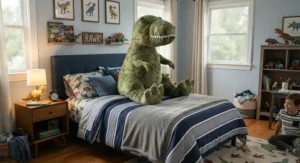 A massive T-Rex giant dinosaur stuffed animal sitting on a bed in a boy's bedroom