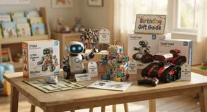 Top-rated robot toys for boys age 5-7 displayed on a playroom table as birthday gift ideas.