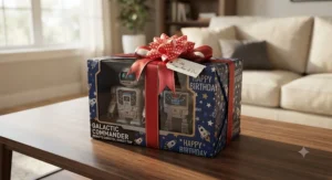A boxed remote control robot toy wrapped as a birthday present for a child.