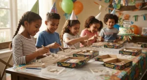 Group of children at a birthday party engaging in a fun activity with multiple dinosaur fossil dig kits for kids.
