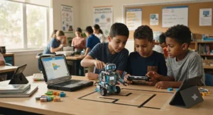 Kids learning programming basics with a STEM-focused remote control robot toy.