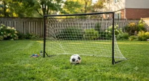 Portable soccer goal set with a soccer ball on a green backyard field