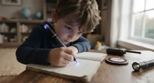 Child writing secret messages with an invisible ink pen from a spy gear toys kit for boys