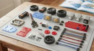 All parts laid out neatly from a solder-free robot building kit including motors, wheels, and a battery pack.