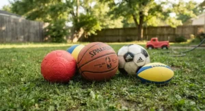 Assorted sports balls including basketball, soccer, and playground ball