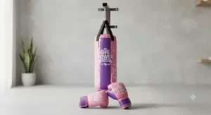 Stylish pink and purple kids boxing gloves and punching bag set displayed against a neutral background.