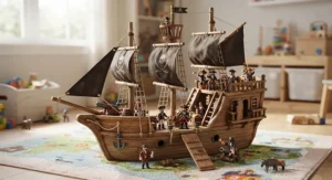 Complete pirate ship playset for boys accompanied by a full crew of captain and pirate toys.