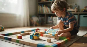 A simple-to-program robot toy navigating a small maze, ideal for kids in early elementary school.