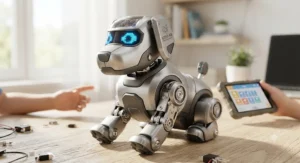 Close-up of a programmable STEM robot dog toy showing LED eyes and metallic joints.