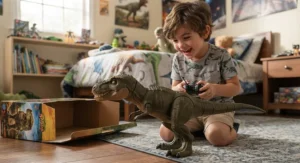 Boy playing with a large remote control T-Rex dinosaur toy gift