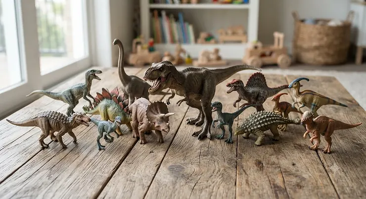 A set of high-detail realistic dinosaur figures for boys arranged on a wooden surface.