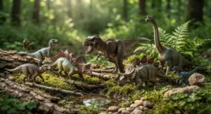 Realistic dinosaur figures for boys set against a natural outdoor play background.