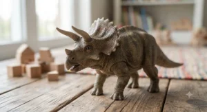 Close-up of a detailed realistic Triceratops dinosaur action figure, ideal for imaginative play.