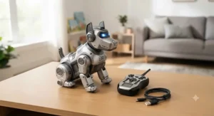 A rechargeable bionic robot dog toy for boys displayed next to its USB charging cable and controller.