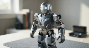 Close-up view of a high-tech remote control robot toy featuring glowing LED lights and articulated joints.