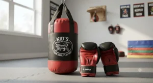 Close-up of durable red and black kids boxing gloves and punching bag set built for martial arts training.