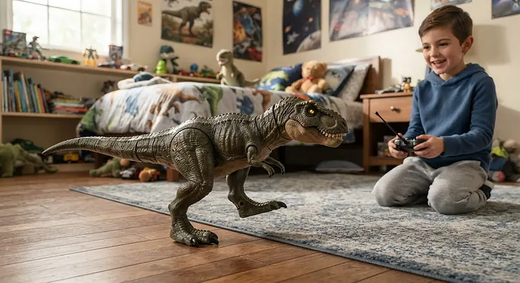 A realistic remote control dinosaur toy for boys walking on a bedroom floor