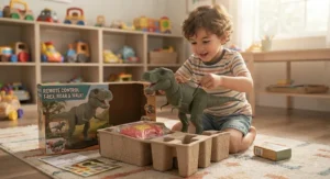 A child unboxing a new remote control dinosaur toy for boys