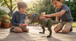 Remote control dinosaur toy for boys featuring LED lights and sound effects