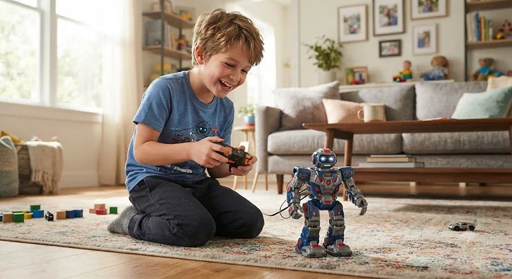 A young boy smiling while operating his remote control robot toy on a living room carpet. remote control robot toy for boys