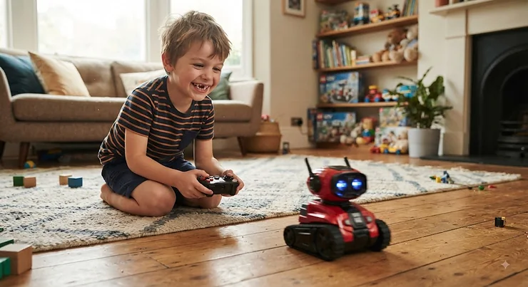 A young boy playing with a remote-controlled robot toy on his living room floor.