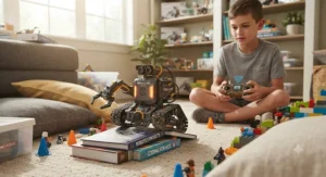 A durable remote-controlled robot toy navigating an indoor obstacle course, popular for boys ages 8-10.