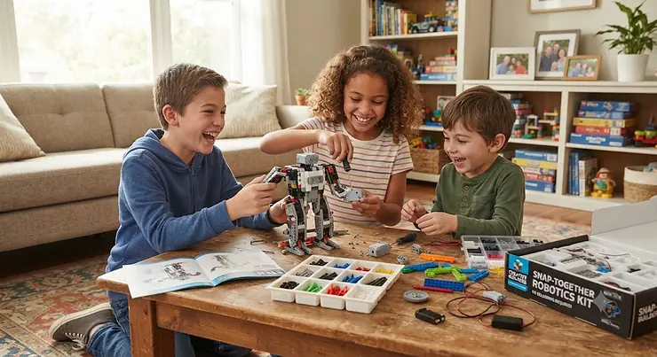 Kids happily assembling a robot building toy kit with no soldering required in a bright American living room. robot building toy kit no soldering
