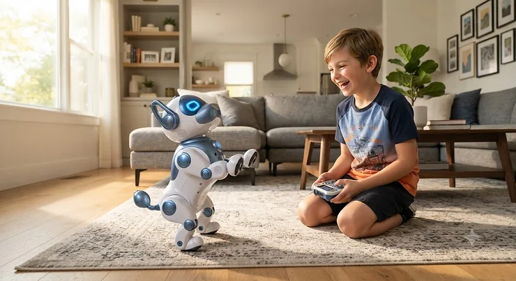 An interactive smart robot dog toy for boys performing tricks in a modern living room.