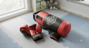 Soft-padded kids boxing gloves and punching bag set laid out on the floor to show safety and quality features.
