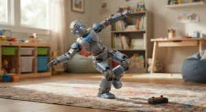 An advanced remote control robot toy performing a dance move in a playroom.