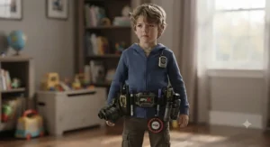 Boy wearing a complete spy gear toys utility belt filled with secret agent gadgets