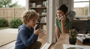 Two boys communicating with long-range walkie talkies included in a spy gear toys collection